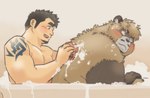 anthro bathing bathtub blush brown_body brown_fur duo fur kemono male overweight overweight_male tattoo wet garouzuki crave_saga pong_(crave_saga) protagonist_(crave_saga) canid canine human mammal raccoon_dog tanuki 2023 hi_res