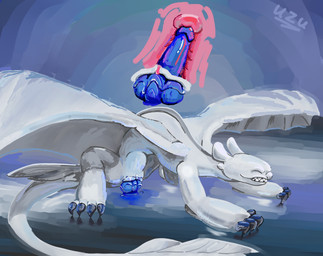 4_claws abdominal_bulge blue_dildo bodily_fluids cervical_contact claws clenched_teeth clitoris dildo dildo_in_vagina dildo_insertion eyes_closed female feral genital_fluids genitals internal knot knotted_dildo membrane_(anatomy) membranous_wings penetration quadruped sex_toy sex_toy_in_vagina sex_toy_insertion side_view solo tail teeth vaginal vaginal_fluids vaginal_fluids_on_dildo vaginal_penetration white_body wings uzu_nu_(artist) dreamworks european_mythology how_to_train_your_dragon mythology nubless dragon fury_(httyd) mythological_creature mythological_scalie scalie western_dragon digital_media_(artwork) digital_painting_(artwork) hi_res painting_(artwork) signature