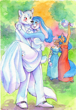 5_fingers anthro anthro_on_anthro black_nose blue_body blue_fur blue_hair bouquet bridal_carry bride carrying_another clothed clothed_anthro clothed_female clothed_male clothing digit_ring dress eye_scar facial_scar fake_tail fangs female female/female finger_ring fingers flower flower_bouquet fur groom group hair humanoid_hands husband_and_wife interspecies interspecies_romance jewelry male male/female male_carrying_female married_couple multicolored_body multicolored_fur plant prosthetic prosthetic_arm prosthetic_limb ring romantic romantic_couple scar scut_tail short_tail suit tail tan_body tan_fur teeth two_tone_body two_tone_fur wedding wedding_dress wedding_ring white_body white_fur white_hair sanssouci emina_(hyperwolf3000) frost_(hyperwolf3000) hazel_woods sylvie_(hyperwolf3000) arctic_wolf canid canine canis fox hare lagomorph leporid mammal murid murine rat rodent wolf absurd_res hi_res