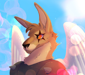 anthro armor brown_eyes facial_markings feathered_wings feathers head_markings lens_flare male markings orange_eyes solo wearing_armor wings thecarmenstar taistelugo_(bonkmaykr) kangaroo macropod mammal marsupial absurd_res hi_res