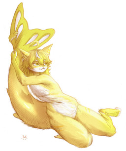 ambiguous_gender anthro food fruit green_hair hair lemon lying on_side plant smile solo tail yellow_body javlinka aquatic domestic_cat felid feline felis fish mammal shark hi_res
