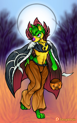 abs anthro cloak clothed clothing fangs food forest fruit fur green_body green_fur hip_grab holidays male moon plant pumpkin sabertooth_(anatomy) solo teeth tree sassylebraix halloween kuruma_(radiosabear) bear mammal vampire 5:8 hi_res