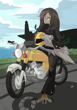 4_toes anisodactyl anthro beak beak_piercing clothing facial_piercing feathers feet furgonomic_piercing furgonomics leather leather_clothing male motorcycle motorcycle_helmet piercing solo talons toes vehicle water wings chalk_outline avian bird corvid corvus_(genus) crow oscine passerine absurd_res hi_res
