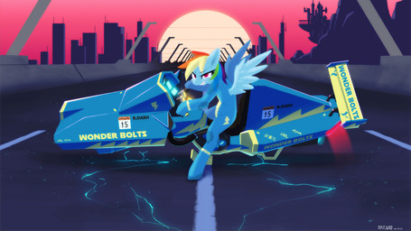 anthro blue_body city clothing detailed_background feathered_wings feathers female looking_at_viewer motorcycle outside red_eyes road science_fiction smile solo sun sunset tight_clothing vehicle wings wonderbolts_uniform sat_v12 akira_slide friendship_is_magic hasbro my_little_pony mythology rainbow_dash_(mlp) equid equine mammal mythological_creature mythological_equine pegasus 2020 absurd_res digital_media_(artwork) hi_res