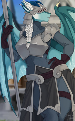 5_fingers anthro armor biped bottomwear breasts clothed clothed_anthro clothed_female clothing female fingers fully_clothed fully_clothed_anthro fully_clothed_female gloves hair handwear headgear helmet horn melee_weapon polearm solo spear teeth topwear weapon wings valeris mythology azure_(azurevi2) dragon mythological_creature mythological_scalie scalie absurd_res hi_res
