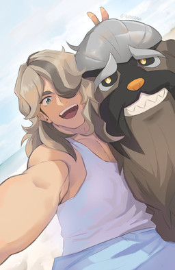 ambiguous_gender blue_bottomwear blue_clothing bottomwear brown_body brown_fur brown_hair bunny_ears_(gesture) clothed clothing cloud duo dutch_angle feral fur gesture grey_body grey_fur hair hair_over_eye long_hair looking_at_viewer male multicolored_hair open_mouth open_smile orange_eyes orange_nose selfie shirt smile teal_eyes text topwear two_tone_hair white_clothing white_shirt white_topwear robokeh nintendo pokemon arven's_mabosstiff arven_(pokemon) generation_9_pokemon human mabosstiff mammal pokemon_(species) absurd_res artist_name hi_res male_(lore)