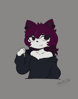 anthro barely_visible_breasts black_clothing black_hoodie black_piercing black_topwear breasts clothing eyebrow_through_hair eyebrows eyelashes eyeliner female fur grey_background hair hoodie long_hair looking_away makeup medium_breasts medium_hair piercing presenting purple_eyes purple_hair shadow simple_background smile solo teasing topwear translucent translucent_hair white_body white_fur mark281 ava_(mark281) felid feline mammal half-length_portrait hi_res portrait watermark