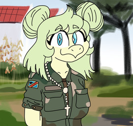 anthro beads breasts camo camo_clothing camo_print camo_topwear christian_cross christian_symbol clothing cross democratic_republic_of_the_congo female flag green_hair hair hair_bun insignia jewelry looking_at_viewer military_uniform necklace pattern_clothing pattern_topwear plant prayer_beads religion religious_symbol rolled_up_sleeves rosary smile snout solo topwear tree uniform unknown_artist cavemanon_studios christianity goodbye_volcano_high ko_op_(game_developer) snoot_game ssethtzeentach stella_(gvh_beta) dinosaur ornithischian prehistoric_species reptile scalie stegosaurian stegosaurus thyreophoran colored hi_res