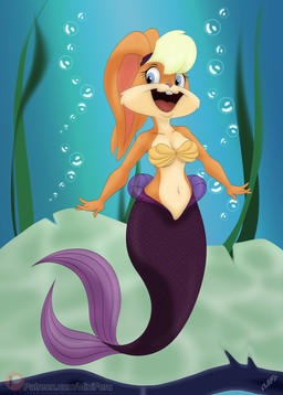 anthro blonde_hair blue_eyes bra breasts bubble buckteeth cleavage clothed clothing female fur hair open_mouth purple_body seashell_bra solo split_form tan_body tan_fur teeth underwater underwear water miniferu looney_tunes patreon warner_brothers lola_bunny aquatic lagomorph leporid mammal merfolk rabbit 2022 hi_res