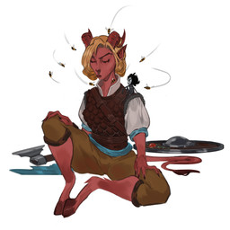 ambiguous_gender ambiguous_humanoid axe bottomwear brown_bottomwear brown_clothing brown_pants brown_topwear clothed clothing duo eyes_closed female female_humanoid front_view hair mouth_closed orange_hair pants red_body red_skin shield sitting topwear edvardiko ambient_arthropod ambient_bee ambient_insect humanoid 1:1 absurd_res hi_res