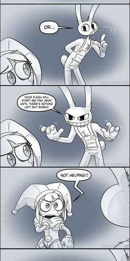 anthro clothing dialogue duo female holding_arm jester male open_mouth overalls scared standing text upset walking weak absolutedream glitch_productions the_amazing_digital_circus jax_(tadc) pomni_(tadc) human lagomorph leporid mammal rabbit absurd_res comic english_text hi_res long_image tall_image