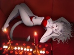 anthro bra breasts candle clothing female fur hair lingerie looking_at_viewer midriff navel panties petals pose red_eyes seductive solo tail tattoo tongue tongue_out underwear white_body white_fur white_hair vani-fox nikki_blackcat domestic_cat felid feline felis mammal 4:3 pinup