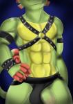 abs anthro big_penis bondage_gear bulge clothing clothing_aside flaccid genitals humanoid_genitalia humanoid_penis jockstrap male muscular muscular_anthro muscular_male pecs penis simple_background smile solo standing underwear underwear_aside vein veiny_penis checkhoff playtonic_games yooka-laylee yooka chameleon lizard reptile scalie 2019 digital_media_(artwork) hi_res