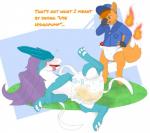 ambiguous_gender anthro blue_body blush bodily_fluids clothing diaper duo feral fur genital_fluids looking_pleasured male multicolored_body orange_body orange_fur text two_tone_body unclean_diaper urine used_diaper wet wet_diaper wetting white_body poofy_dragon nintendo pokemon generation_1_pokemon generation_2_pokemon legendary_pokemon pokemon_(species) suicune vulpix english_text