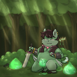 anthro balls belly blush chibi cute_fangs detailed_background erection fangs genitals humanoid_genitalia humanoid_hands humanoid_penis male melee_weapon overweight overweight_anthro overweight_male penis solo sword teeth weapon shyybuchi canid canine canis domestic_dog mammal 1:1 2020