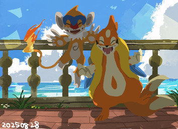 2_tails 4_toes ambiguous_gender biped cloud detailed_background duo eyes_closed feet feral fingers fur grass long_tail looking_at_viewer multi_tail nude open_mouth orange_body orange_fur orange_tail outside pink_tongue plant sky skyscape standing tail toes tongue isshiki0705 nintendo pokemon floatzel generation_4_pokemon monferno pokemon_(species) 2025 hi_res