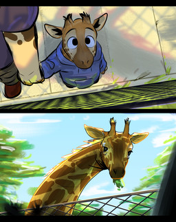 ambiguous_gender anthro clothed clothing cloud detailed_background duo eyebrows feral hoodie horn male ossicone realistic solo toony topwear two_panel_image young young_anthro young_male wonder3mporium giraffe giraffid mammal absurd_res comic hi_res