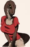 anthro big_breasts bottomwear breasts brown_body brown_scales clothing female leaning leaning_forward non-mammal_breasts pants presenting scales shirt smile solo standing teeth topwear sturaptor lu dinosaur dromaeosaurid prehistoric_species reptile scalie theropod utahraptor hi_res sketch