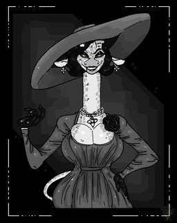 alternative_fashion anthro big_breasts black_hair breasts clothed clothing dress female flower fur goth hair hat headgear headwear jewelry mature_anthro mature_female plant smile solo sun_hat sundress victorian_goth white_body white_fur wide_brim_hat madnessandgiovanni0595 capcom resident_evil alcina_dimitrescu bow_experiment_(resident_evil) cadou_host_(resident_evil) giraffe giraffid mammal vampire digital_media_(artwork)