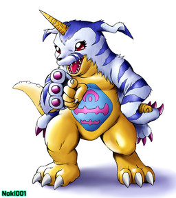 anthro blue_body blue_fur claws fur fur_markings gesture hand_gesture horn looking_at_viewer male markings open_mouth pointing purple_claws red_eyes simple_background solo standing tail white_background yellow_body noki001 bandai_namco digimon digimon_(species) gabumon hi_res