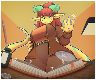 anthro big_breasts big_tail book border breasts clothed clothing extreme_size_difference faceless_character faceless_male female green_eyes hair horn larger_female long_ears long_hair looking_down macro male markings nails red_hair size_difference solo suit tail tattoo white_border jarethnerl mythology milena_(jaro) alien dragon mythological_creature mythological_scalie scalie hi_res