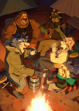 acoustic_guitar ambiguous_gender anthro brown_body campfire camping clothed clothing female group guitar male muscular muscular_anthro muscular_male musical_instrument night open_mouth outside playing_guitar playing_music plucked_string_instrument simple_background smile star_eyes string_instrument tail topwear young rossciaco mythology ailurid bear canid canine canis dragon felid feline mammal mythological_creature mythological_scalie red_panda scalie wolf hi_res