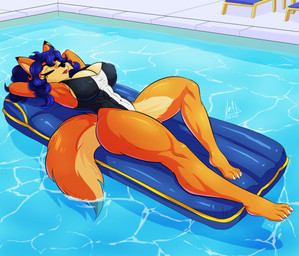 abs anthro areola big_breasts big_butt black_clothing black_swimwear blue_bottomwear blue_clothing blue_hair bottomwear breasts butt clothed clothing curly_hair curvy_figure erect_nipples eyebrows eyelashes eyes_closed facial_tuft female fluffy fluffy_tail fur glistening_eyelids hair hourglass_figure huge_breasts inflatable lipstick long_eyelashes lying makeup muscular muscular_anthro navel nipple_dip nipple_outline nipples one-piece_swimsuit orange_body orange_fur pool_float simple_background small_waist smile solo swimming_pool swimwear tail text thick_thighs tuft voluptuous water wide_hips manuelangasfox sly_cooper_(series) sony_corporation sony_interactive_entertainment sucker_punch_productions carmelita_fox canid canine fox mammal 2026 absurd_res digital_drawing_(artwork) digital_media_(artwork) hi_res signature url
