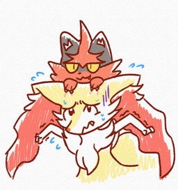 3_fingers 3_toes :3 ambiguous_anthro ambiguous_feral ambiguous_gender anthro arm_tuft biped black_body black_fur black_nose bodily_fluids carrying_another cheek_tuft chest_tuft claws cute_fangs duo ears_down facial_tuft fangs feet feral feral_on_top fingers flying_sweatdrops front_view fur furrowed_eyebrows gloom_lines inner_ear_fluff looking_up multicolored_body multicolored_fur nude_ambiguous nude_anthro on_head orange_body orange_fur orange_inner_ear_fluff orange_nose pivoted_ears pointy_ears prick_ears pupils quadruped red_body red_fur scratches shaking shoulder_tuft simple_background slit_pupils snout standing sweat sweatdrop tail teeth toes trembling tuft wavy_mouth white_background white_body white_fur yellow_body yellow_fur yellow_sclera yellow_tail stubbypubby nintendo pokemon braixen canid felid generation_6_pokemon generation_7_pokemon mammal pokemon_(species) torracat 2022 colored digital_drawing_(artwork) digital_media_(artwork) flat_colors hi_res