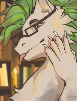 book bookshelf cheek_tuft claws eyewear facial_tuft fantasy feral fluffy fluffy_ears fur furniture glasses green_hair hair inside library long_hair male neck_tuft pawpads paws solo tongue tongue_out tuft white_body white_fur ocelotka mythology dragon furred_dragon furred_scalie mythological_creature mythological_scalie scalie digital_media_(artwork) portrait