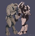 anthro armor duo gesture hand_gesture hand_holding male male/male simple_background v_sign varanidius halo_(series) microsoft xbox_game_studios rtas_'vadum thel_'vadam alien sangheili 2022 tagme