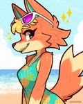 anthro beach blonde_hair blue_eyes blush blush_lines clothed clothed_anthro clothed_female clothing cloud eyebrows eyelashes eyewear eyewear_on_head female fur hair looking_at_viewer multicolored_body multicolored_fur open_mouth orange_body orange_fur sky solo sparkles sunglasses sunglasses_on_head tail twitter_handle two_tone_body two_tone_fur jayrnski animal_crossing nintendo audie_(animal_crossing) canid canine canis mammal wolf 2025 4:5 hi_res