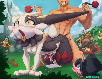 ball being_watched black_body black_fur blue_eyes blush bodily_fluids bottomwear breasts breath building claws clothing cloud cum ear_grab ear_pull erection female from_behind_position fur genital_fluids genitals grass looking_at_another male male/female motion_lines muscular muscular_male open_mouth outside panting pants pawpads penis pink_body pink_fur plant proboscis_(anatomy) red_eyes saliva sex shaking shawl sky surprised sweat sweatdrop tan_body tan_fur tears tongue tower trembling trunk_(anatomy) tusks watching_from_afar white_body white_fur yellow_eyes conditional_dnp sefeiren palworld pocketpair anubis_(pal) blazamut cattiva dupin_(pal) mammorest orserk pal_(species)