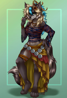 accessory anthro belt blonde_hair bottomwear breasts chest_tuft cleavage clothed clothing female flower flower_in_hair garter garter_straps hair hair_accessory hair_dye hair_ribbon plant ribbons skirt solo tuft doomed_dusk kukky saraa canid canine canis mammal wolf absurd_res hi_res