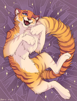 cheek_tuft chest_tuft eyelashes facial_tuft fangs female feral fluffy fur happy hugging_own_tail long_tail looking_up lying on_back one_eye_closed open_mouth orange_body orange_fur paws purple_eyes red_mouth red_tongue round_ears small_ears solo spread_legs spreading striped_body striped_fur stripes tail tan_body tan_fur teeth tongue tuft yellow_body yellow_fur omega_lioness felid mammal pantherine tiger 2025 colored digital_drawing_(artwork) digital_media_(artwork) hi_res shaded