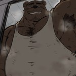 anthro armpit_hair black_nose blush body_hair brown_body clothing kemono male musclegut muscular musk overweight overweight_male shirt solo topwear mtmnkmn125 bear mammal 1:1 2023 hi_res