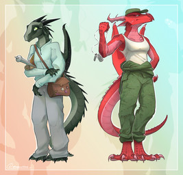 anthro anthrofied book bottomwear breasts cheek_scar cheek_spikes claws clothing digitigrade dog_tags duo facial_scar facial_spikes female finger_claws green_body green_clothing green_eyes green_hat green_headwear green_jumpsuit green_scales grey_bottomwear grey_clothing grey_pants hat head_spikes headgear headwear holding_book holding_object holding_scroll horn long_tail membrane_(anatomy) membranous_wings nose_spike pants red_body red_eyes red_scales scales scar scroll shirt shoulder_bag snout spikes spikes_(anatomy) starry_wings tail tail_scar tank_top toe_claws topwear white_clothing white_shirt white_topwear wing_claws wings ququshkas mythology wings_of_fire carnelian_(wof) moonwatcher_(wof) dragon mythological_creature mythological_scalie nightwing_(wof) scalie skywing_(wof) 2025 hi_res shaded signature