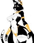 anthro big_breasts black_body black_fur breasts clothed clothing ear_piercing female fur jewelry piercing simple_background solo tail thick_thighs topwear whiskers white_body white_fur wide_hips yellow_sclera kingsus bacardi_(muart242) domestic_cat felid feline felis mammal absurd_res hi_res