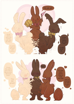 absorption_vore ambiguous_gender ambiguous_penetration anthro bow_tie candy chocolate chocolate_bunny dark_chocolate dessert egg food group holidays melting oviposition penetration pom_poms trio tug_of_vore tug_of_war vore white_chocolate conduitcore easter food_creature lagomorph leporid living_candy living_chocolate mammal rabbit hi_res
