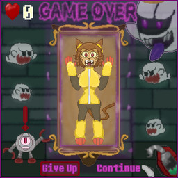anthro bad_end border brown_hair clothing female game_over game_over_screen gameplay_mechanics group hair inanimate_transformation machine mechanical_suit paint_transformation painting_(object) purple_border scared screaming suit transformation trapped videogame_setting yellow_clothes milkybun29 gameoverse glitch_productions luigi's_mansion mario_bros nintendo kaboodle_(gameoverse) king_boo kit_bodega boo_(mario) domestic_cat felid feline felis ghost mammal robot spirit 1:1 2026 crossover digital_media_(artwork) hi_res pixel_(artwork)