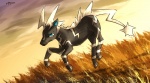 abstract_background ambiguous_gender black_body black_fur black_nose blue_eyes feral fur grass looking_at_viewer plant quadruped running simple_background solo stripes tail katiramoon nintendo pokemon equid generation_5_pokemon mammal pokemon_(species) zebstrika 2012 hi_res