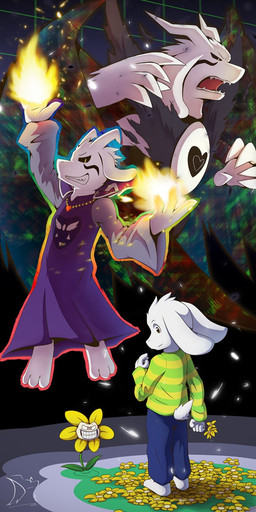 anthro black_sclera clothed clothing delta_rune_(emblem) fangs fire flower fully_clothed fur green_clothing green_sweater green_topwear hair heart_symbol horn locket long_ears magic magic_user male pattern_clothing pattern_sweater pattern_topwear plant robe sharp_teeth short_tail solo square_crossover striped_clothing striped_sweater striped_topwear stripes sweater symbol tail teeth topwear white_body white_fur white_hair yellow_eyes drvee undertale undertale_(series) asriel_dreemurr asriel_dreemurr_(god_form) flowey_the_flower boss_monster_(undertale) bovid caprine elemental_creature flora_fauna flower_creature goat mammal 1:2 2015 hi_res