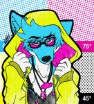 anthro blue_body blue_fur clothed clothing eyewear fur glasses hoodie jewelry male necklace solo topwear tuft white_body white_fur sky3 blue_thunder canid canine canis mammal wolf 2014