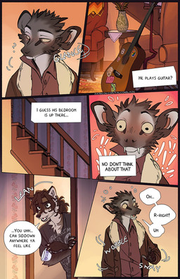 acoustic_guitar anthro biped black_nose blush brown_body brown_eyes brown_fur bubble canine_teeth cheek_tuft clothed clothed_anthro clothing container cup dialogue drunk drunk_bubble duo exclamation_point facial_tuft fluffy fluffy_tail fur furniture grey_body grey_fur guitar head_tuft holding_container holding_cup holding_object inner_monologue male musical_instrument plucked_string_instrument pointy_ears prick_ears snout sofa speech_bubble stairs stickers_on_object string_instrument substance_intoxication tail tan_body tan_fur text text_box thinking tuft tusks wobbling yellow_sclera falco_works indy_(justroadkill) pen_(falco_works) canid canine canis cervine coyote deer mammal tufted_deer 2025 comic digital_media_(artwork) english_text hi_res url