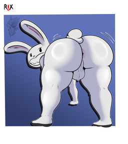 all_fours anthro anus backsack balls big_butt blue_background butt digitigrade emanata fur genitals long_ears looking_back male perineum pink_anus rear_view simple_background small_tail smile solo tail thick_thighs white_body white_fur rixtry sam_and_max max_(sam_and_max) lagomorph leporid mammal rabbit 2026 digital_drawing_(artwork) digital_media_(artwork) english_description hi_res