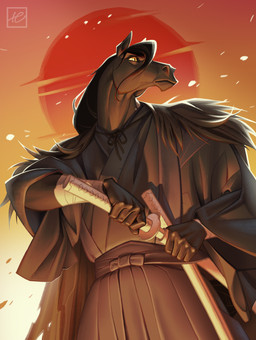 anthro asian_clothing clothing east_asian_clothing hair japanese_clothing katana kimono long_hair low-angle_view male melee_weapon solo sun sword weapon wristband yellow_eyes holivi equid equine horse mammal 2023 hi_res orange_theme