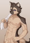 5_fingers abs anthro balls black_nose blue_eyes blush bodily_fluids brown_body brown_ears brown_fur brown_pubes brown_tail_tip chest_tuft claws dipstick_tail finger_claws fingers flaccid fluffy fluffy_tail fur genitals half-closed_eyes hand_on_hip holding_object holding_towel inner_ear_fluff looking_at_viewer male markings multicolored_body multicolored_fur multicolored_tail muscular muscular_anthro muscular_male narrowed_eyes navel nipples nude nude_anthro nude_male orange_background orange_balls orange_body orange_fur orange_penis orange_tail penis pubes red_nipples simple_background solo sweat tail tail_markings towel tuft two_tone_body two_tone_fur two_tone_tail white_inner_ear kitune1tu canid canine canis domestic_dog german_shepherd herding_dog mammal pastoral_dog digital_media_(artwork) hi_res