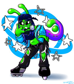 abstract_background antennae_(anatomy) anthro black_bottomwear black_clothing black_footwear black_pants black_sclera black_shoes blue_clothing blue_hair blue_jacket blue_topwear blush bottomwear clothed clothing crop_top cute_fangs fangs female footwear green_antennae green_body green_skin green_tail hair hand_on_hip hat headgear headwear inline_skates jacket leaning leaning_forward long_hair looking_at_viewer no_pupils open_clothing open_jacket open_mouth open_topwear pants purple_clothing purple_hat purple_headwear purple_tail roller_skates shirt shoes simple_background smile solo tail teeth topwear torn_bottomwear torn_clothing torn_pants white_background white_clothing white_eyes white_footwear white_shoes felino dj_ampie_(felino) fan_character alien humanoid 2025 hi_res