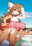 2023 anthro areola blush breasts brown_hair casual_nudity crayon_(artist) cute_fangs digital_media_(artwork) felid female female_anthro fur genitals hair happy hi_res hybrid inflatable inner_tube innie_pussy kemono long_hair mammal medium_breasts multicolored_body multicolored_eyes multicolored_fur multicolored_hair narrowed_eyes nipples nude open_mouth pantherine pussy seductive shark_tail solo tail teeth tiger tongue