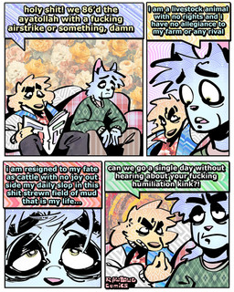4_panel_comic aloha_shirt annoyed anthro clothing dialogue duo floppy_ears fur half-closed_eyes humor jacket khakis letterman_jacket male mullet narrowed_eyes newspaper pattern_clothing pattern_shirt pattern_topwear politics shirt speech_bubble sweater text topwear white_body white_fur wide_eyed yellow_body yellow_fur rawdawgcomics desmond_(rawdawgcomics) stahli_(rawdawgcomics) bird_dog canid canine canis domestic_cat domestic_dog felid feline felis golden_retriever hunting_dog mammal retriever 4:5 comic english_text hi_res