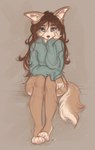 4_toes 5_fingers anthro biped bottomless bottomless_anthro bottomless_female breasts brown_body brown_fur brown_hair brown_tail claws clothed clothed_anthro clothed_female clothing feet female fingers front_view fur green_eyes hair inner_ear_fluff long_hair looking_aside partially_clothed partially_clothed_anthro partially_clothed_female simple_background sitting solo tail toe_claws toes tuft yshanii cotton_(yshanii) canid canine canis dingo mammal 2025 digital_media_(artwork) hi_res